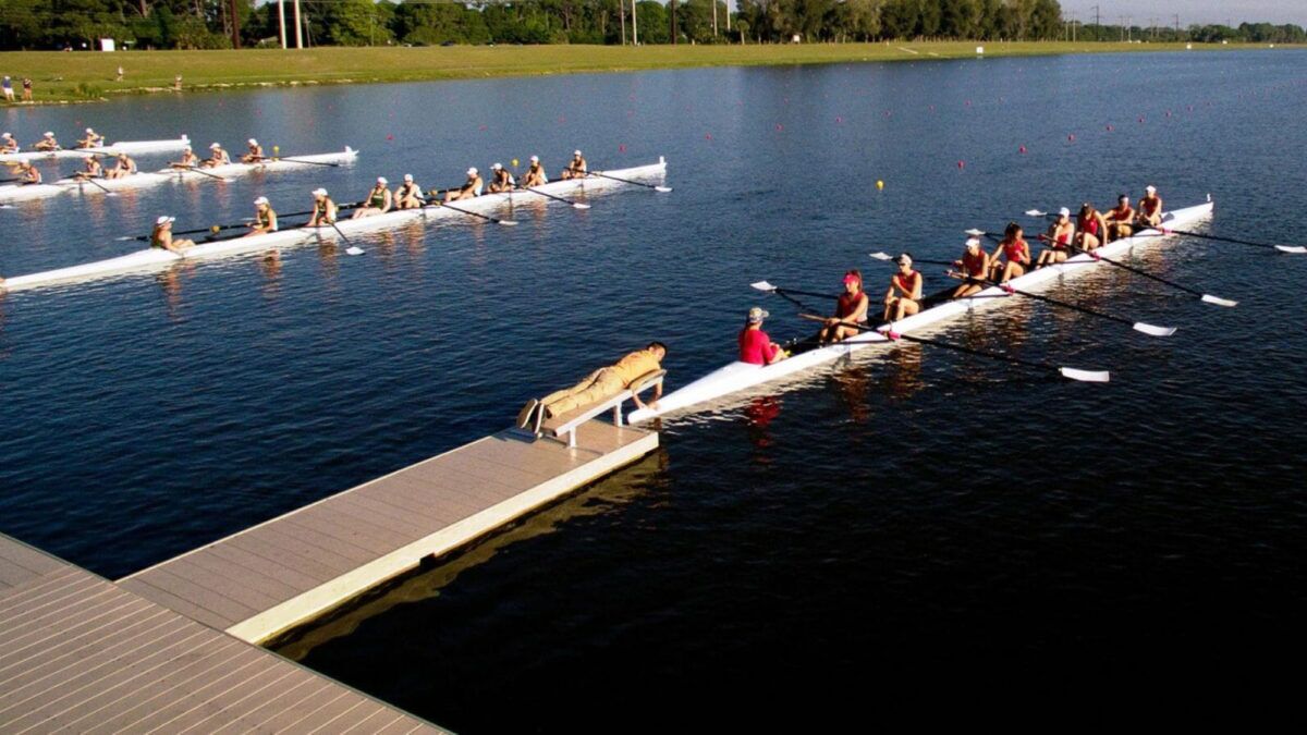 Rowing Starting Docks with a rowing team behind the dock.