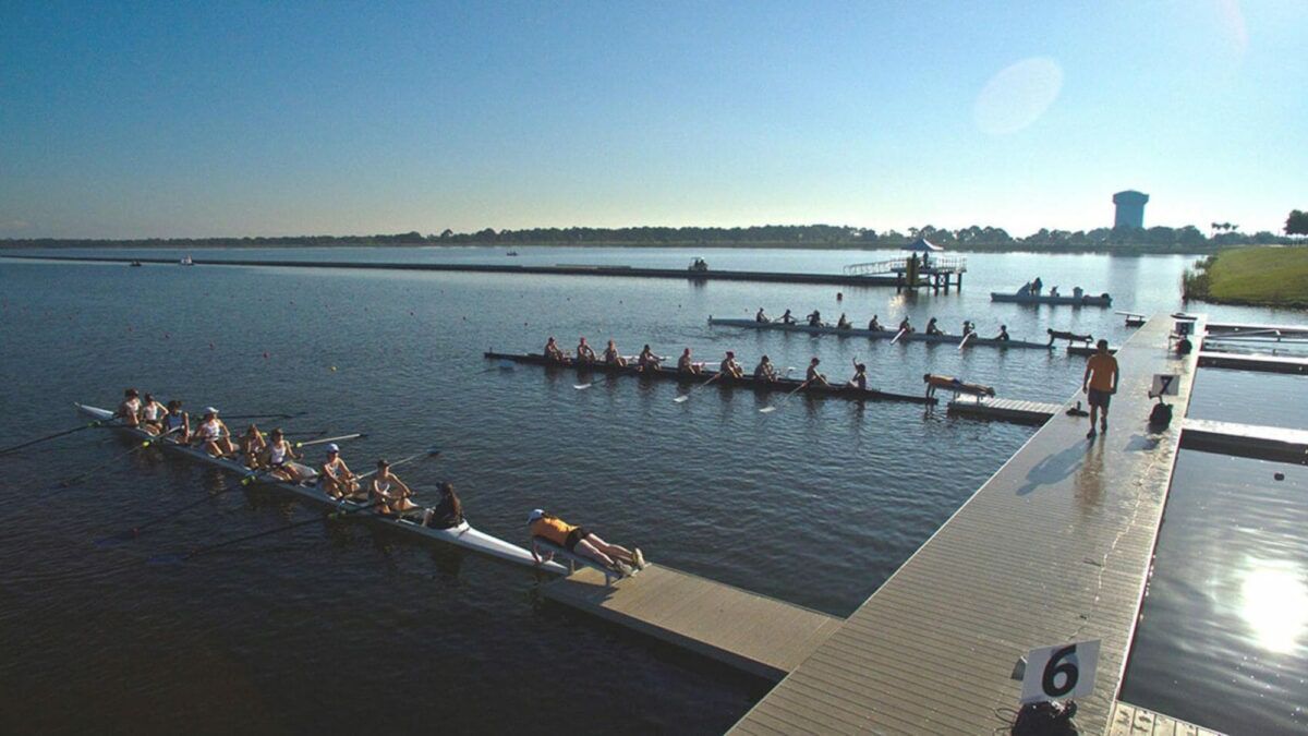Rowing Venue Design with rowers pulling up to the dock.