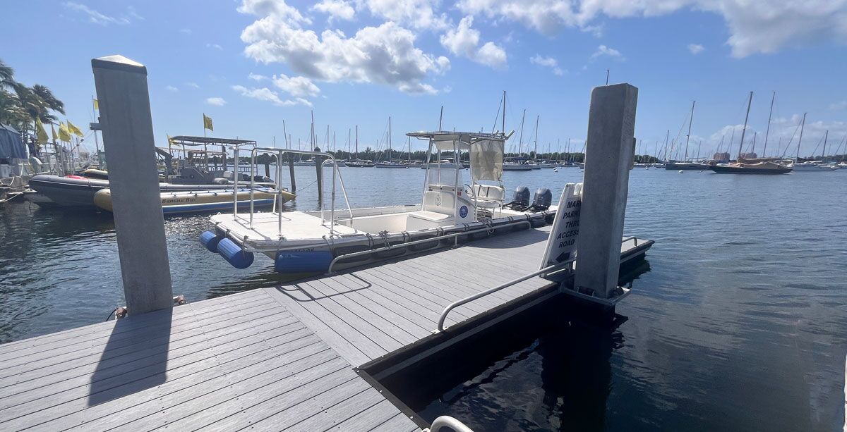 A boat docked in a South Florida marina, waiting to be taking out.