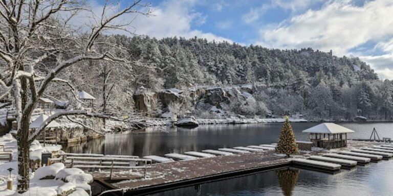Snowy lakeside docks and trees creating a peaceful setting that reflects winter wellness by the water during the holiday season.