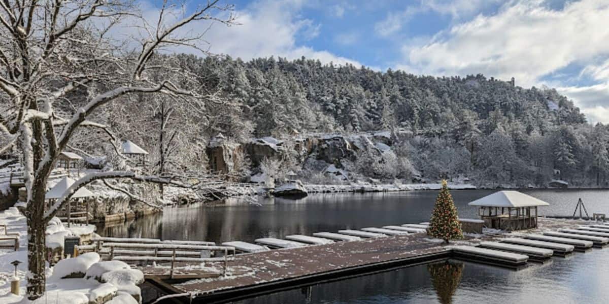 Snowy lakeside docks and trees creating a peaceful setting that reflects winter wellness by the water during the holiday season.