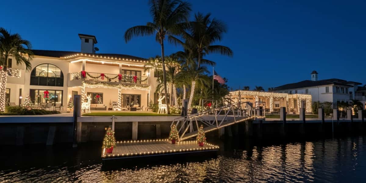 Waterfront home with festive lights showcasing holiday dock lighting ideas along the pier and palm trees at night.