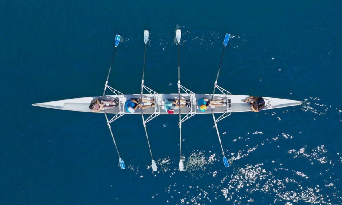 Ariel view of a rowing team on the water
