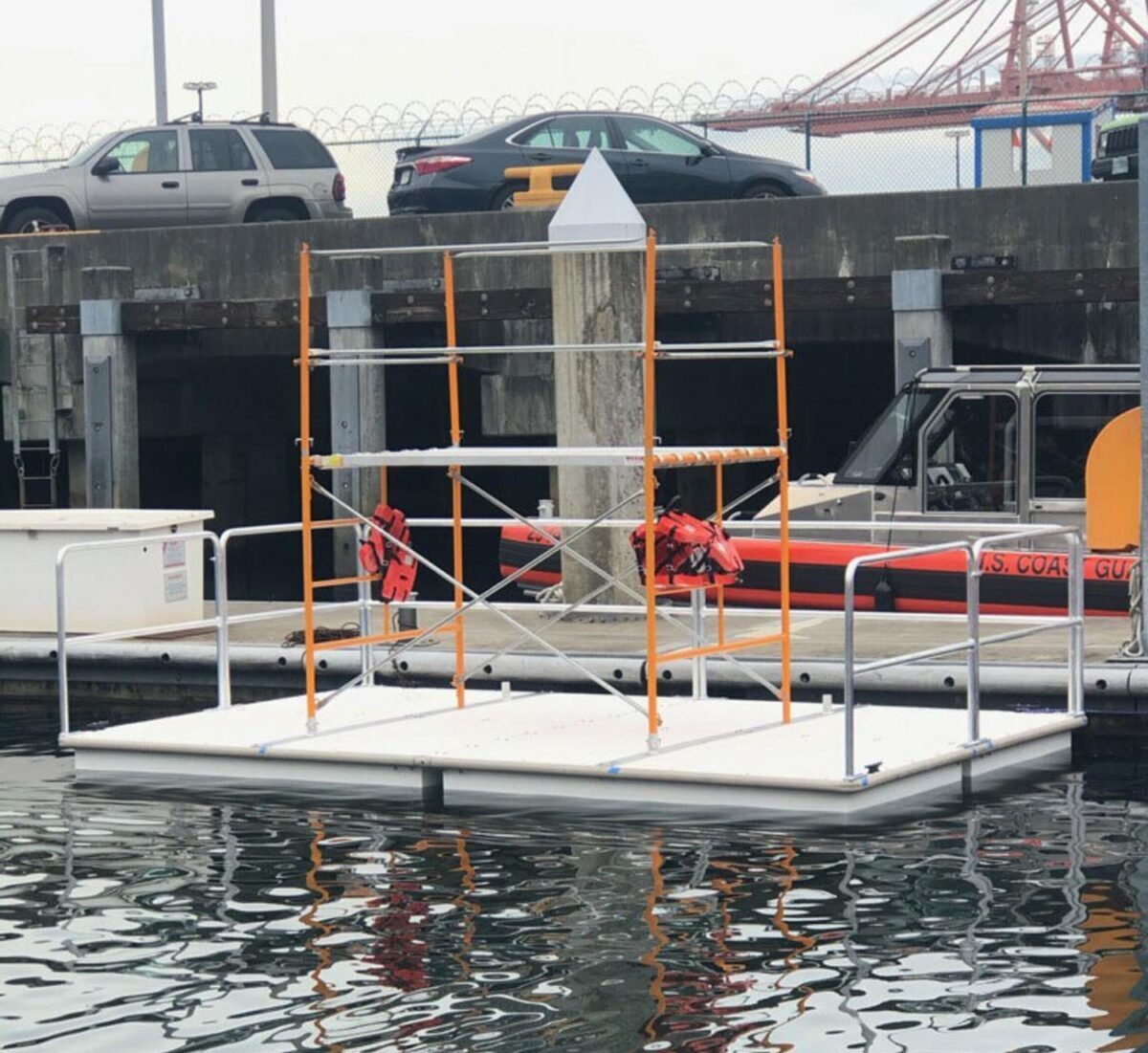 Scaffold dock next to a bridge