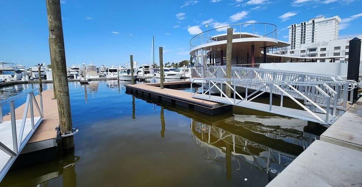 Floating docks demonstrate efficient marina design for boats in South Florida.