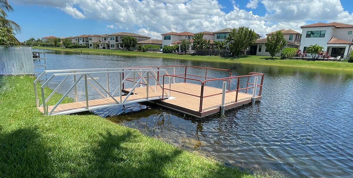 A finished residential dock construction by AccuDock of a floating dock,