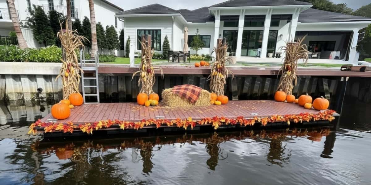 Dock decorated with pumpkins, cornstalks, hay bale, and fall leaves for festive autumn gathering, perfect for seasonal dock party ideas.