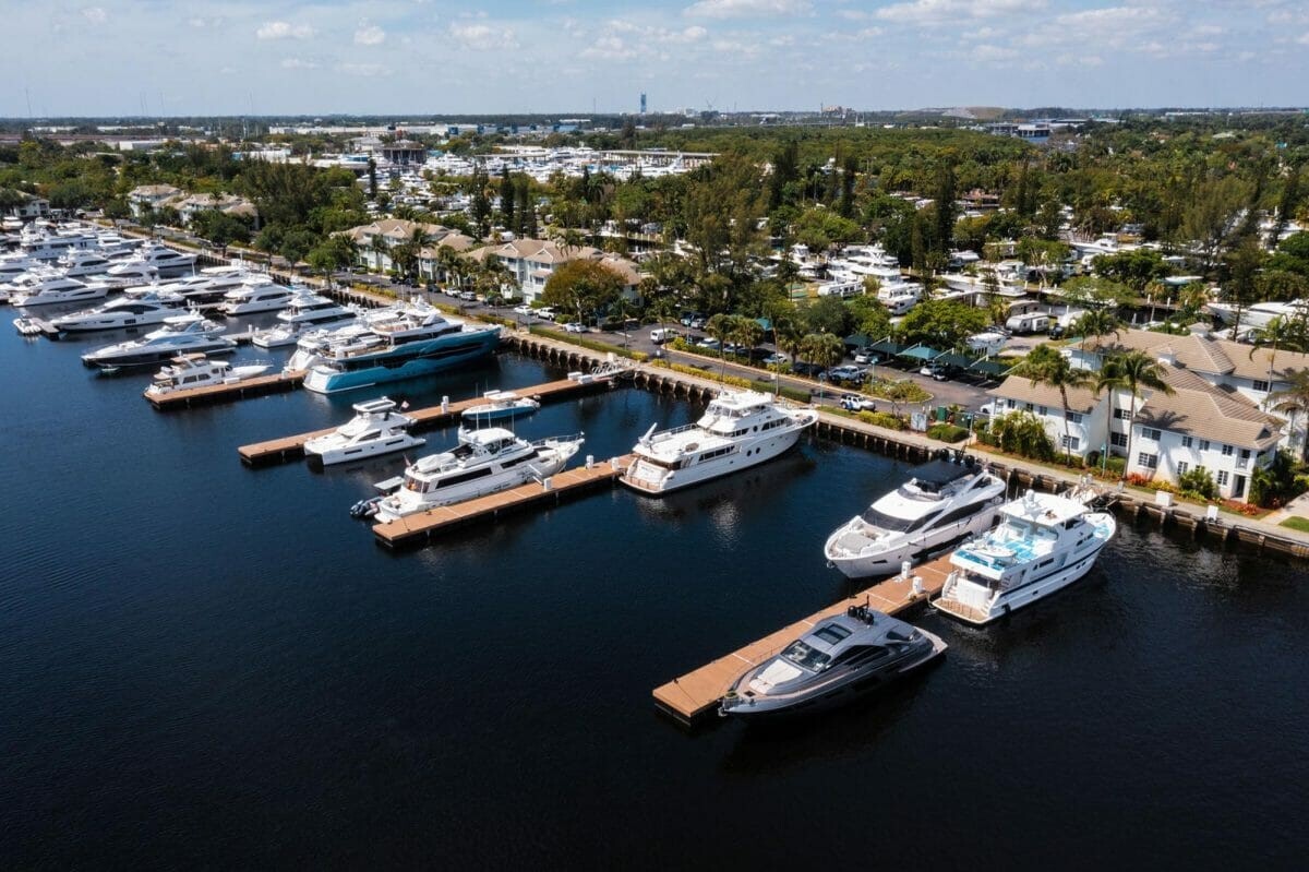 An aerial view of Florida liveaboard marinas where large boats are docked.